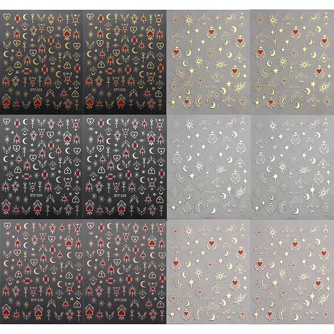 12 Sheets Gold Nail Art Stickers 3D Self-Adhesive Nail Stickers Sliver Star Nail Decals Red Heart Moon Nail Supplies Nail Art Design Gold Manicure Decorations for Women and Girls