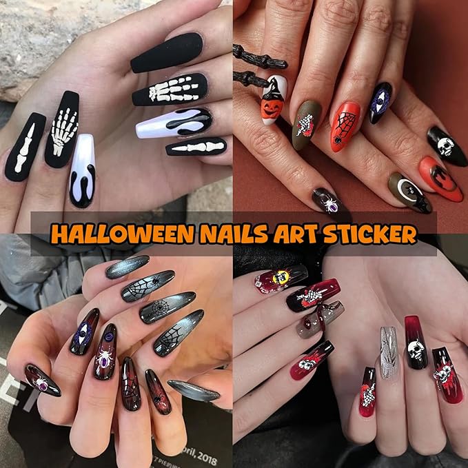 MUIIIGOOD 3 Sheet Halloween Nail Art Stickers Gradient Pumpkin, Horror Skull Ghost Mask Eyes Nail Decals, 3D Self-Adhesive Spider-Web Bat Design for DIY Nail Supplies Decoration Manicure Accessories