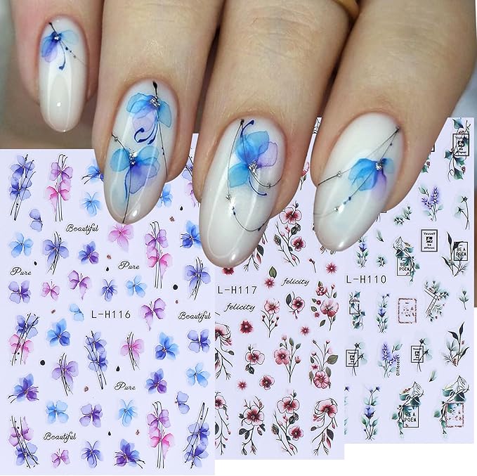 Ink Flower Nail Art Stickers 12 Sheets 3D Self-Adhesive Nail Decals with Tweezers Watercolor Floral Leaves Stickers Charming Blossom Flowers Designs Nail Art Supplies Manicure Accessories for Women