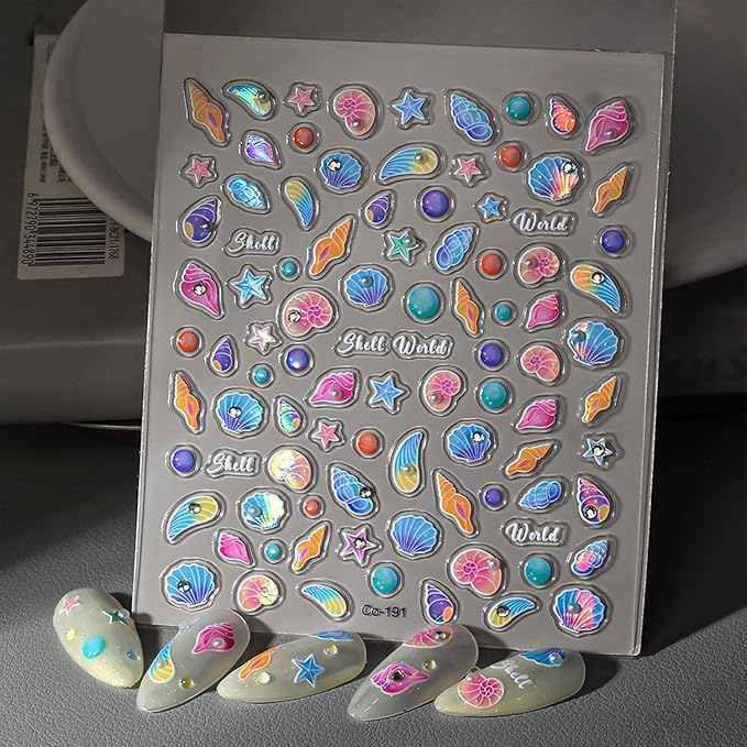 Summer Nail Stickers Shell Starfish Nail Art Stickers 5D Embossed Nail Decals Blue Ocean Theme with Pearl Design Cute Nails Supplies for Women