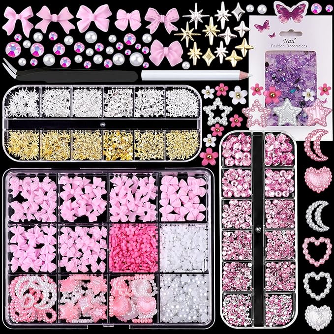 3D Nail Charms, Mixed Flower Bow Moon Heart Star Nail Art Charms Nail Art Charms, Half Round Pearl+Flatback Pink Gems+Gravel Diamond+Nail Studs, Nail Gems for Nail Art DIY Decoration with Pickup Tools