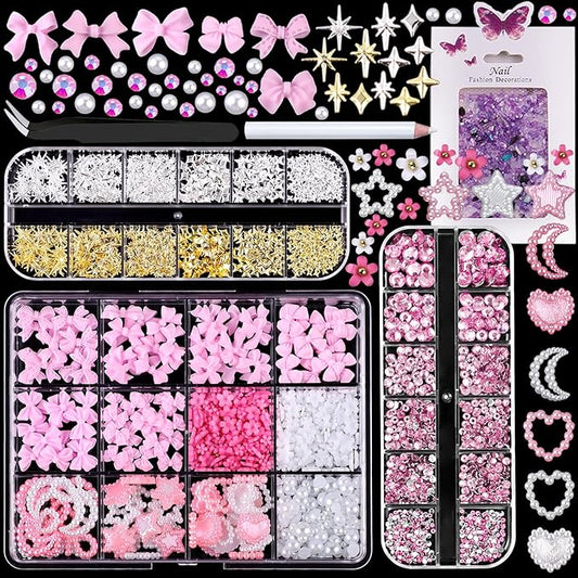 3D Nail Charms, Mixed Flower Bow Moon Heart Star Nail Art Charms Nail Art Charms, Half Round Pearl+Flatback Pink Gems+Gravel Diamond+Nail Studs, Nail Gems for Nail Art DIY Decoration with Pickup Tools