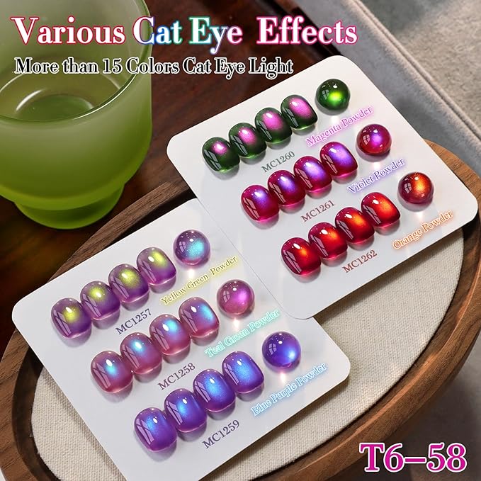 Double Rhythm 0.5 OZ Cat Eye Gel Polish with Magnet 15ML Holographic Glitter Shimmer Translucent Jelly Color Magnetic Nail Polish Salon DIY at Home (Green Pink-MC1260)