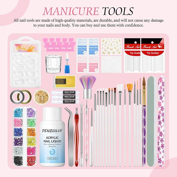 Peacecolor Acrylic Nail Kit for Beginners with Everything,Professional Nail Kit Acrylic Set with Drill U V Light 21Pc Glitter Powder Gel Polish Decorations Gel Nail Gift Set for Home Salon