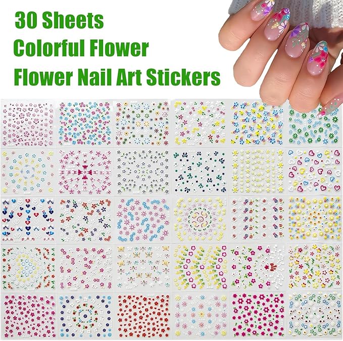 3D Colorful Flowers Nails Art Charms and Flower Nail Art Stickers 4 BoxesNail Rhinestones for Nail Art, Pearl Nail Charms and Silver Gold Caviar Beads for Nails