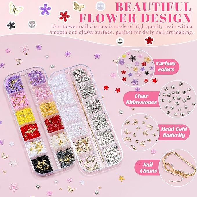 2 Boxes Colorful Flower Nail Charms and Gems, Pink/White/Purple Nail Flower Charms Metal Butterfly Clear Rhinestones Gemstones Silver Caviar Beads White Flatback Pearls with Nail Chain (4-S2-Mixed1)