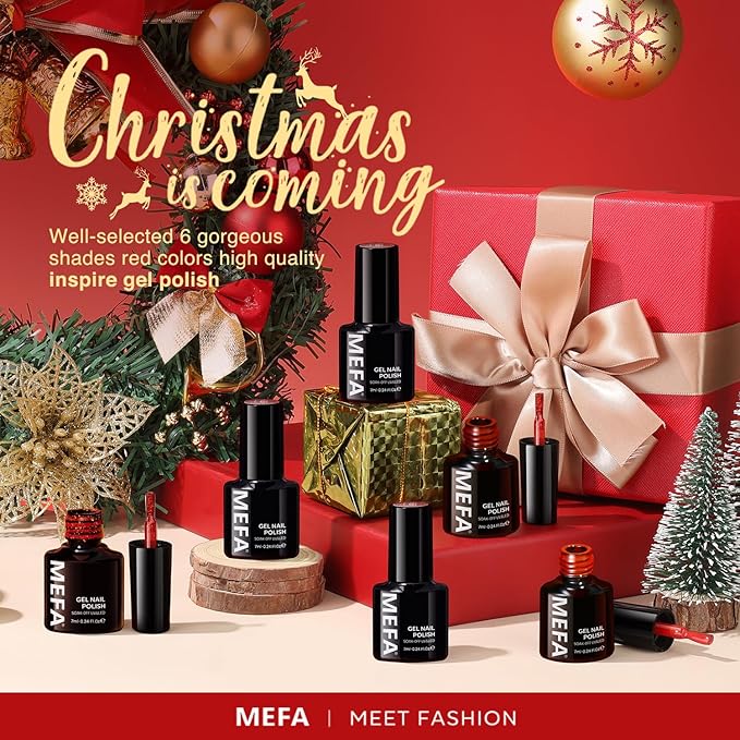 MEFA Red Gel Nail Polish Set, 6 Colors Christmas Gel Polish Kit Popular Burgundy Glitter Nail Polish Soak Off Rose Dark Red Shimmer DIY Home Salon Manicure Gifts for Women Girls 2025