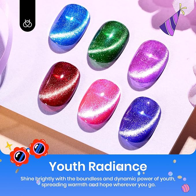 Beetles Cat Eye Gel Nail Polish, 6 Colors Christmas Cat Eye Glitter Gel Polish Set Neon Red Pink Purple Blue Green with Magnet Velvet Gel Kit Soak Off UV French Nail Art Manicure Gift for Women