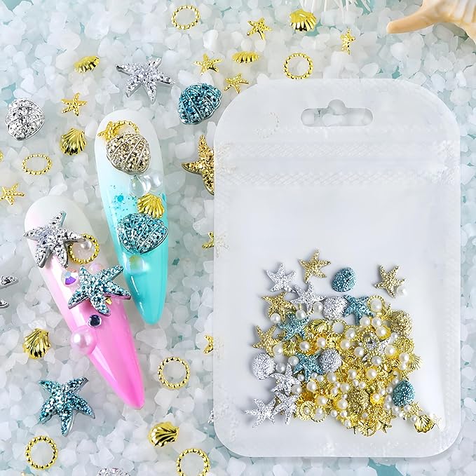 100Pcs Summer Starfish Nail Charms Pearls Seashell Starfish Gold Nail Rhinestones Ocean Theme Design Nail Gems 3D Nail Steel Studs Silver Blue Shell Nail Supplies Summer Beach DIY Crafts Nail Decor