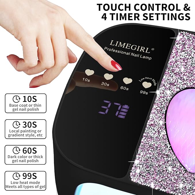 LimeGirl UV LED Nail Lamp Kit for Gel Polish Professional Fast Curing Black Dryer Light Set with 4 Timer Settings Cordless Rechargeable Nail Art Cure Machine for Manicure Pedicure at Home and Salon