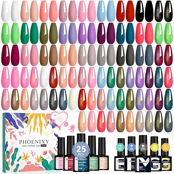 Phoenixy Gel Nail Polish 25+5 PCS Gel Nail Polish Kit with Black White Pink Blue Purple Suitable for All Seasons for Women