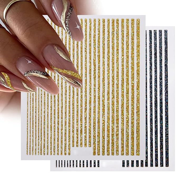 6 Sheets 3D Glitter Lines Nail Art Stickers - Gold Metallic Supplies, Metal Decals, French Effect Silver Design, Simple Line Glitter Sticker for Women DIY Decoration