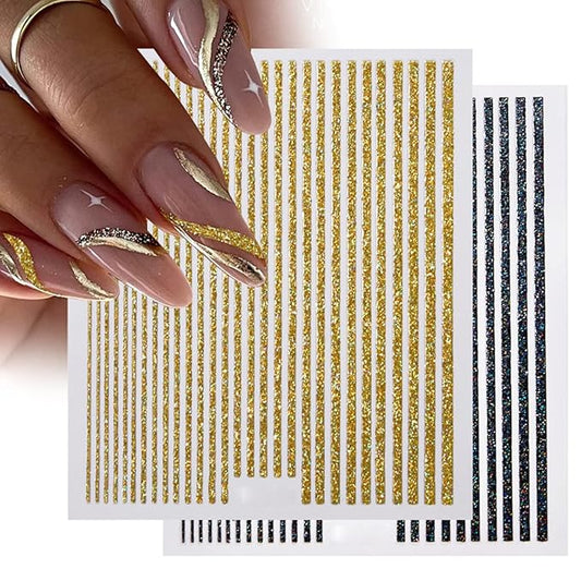 6 Sheets 3D Glitter Lines Nail Art Stickers - Gold Metallic Supplies, Metal Decals, French Effect Silver Design, Simple Line Glitter Sticker for Women DIY Decoration