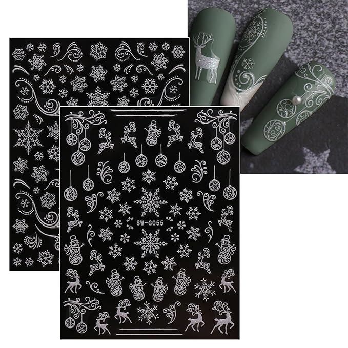 JMEOWIO 9 Sheets Christmas Glitter Nail Art Stickers Decals Self-Adhesive Snowflake Winter Holiday White Nail Supplies Nail Art Design Decoration Accessories