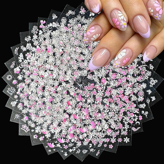 30 Sheets Flower Nail Art Stickers Pink White Flower Nail Stickers 3D Self Adhesive Cute Daisy Floral Nail Decals Nail Supplies Nail Art Design Decoration Accessories for Women Girls