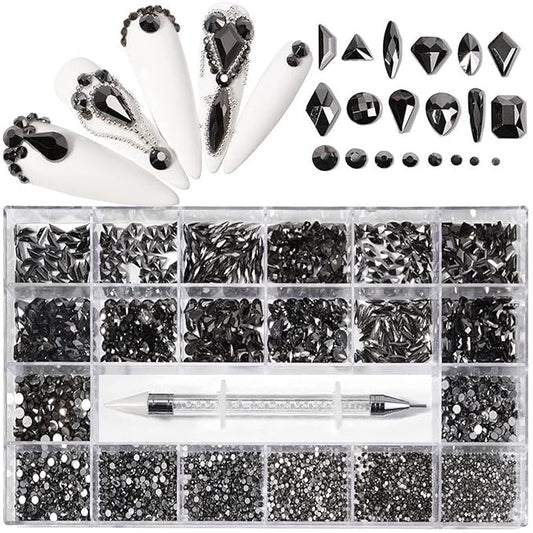Nail Rhinestones Kit, Nail Art Decorations with Wax Pencil Flat AB Rhinestones Kit DIY Crafts Gemstones for Nail, Shoes, Clothes, Jewels (600 Black Diamonds + 2500 Flat Rhinestones)