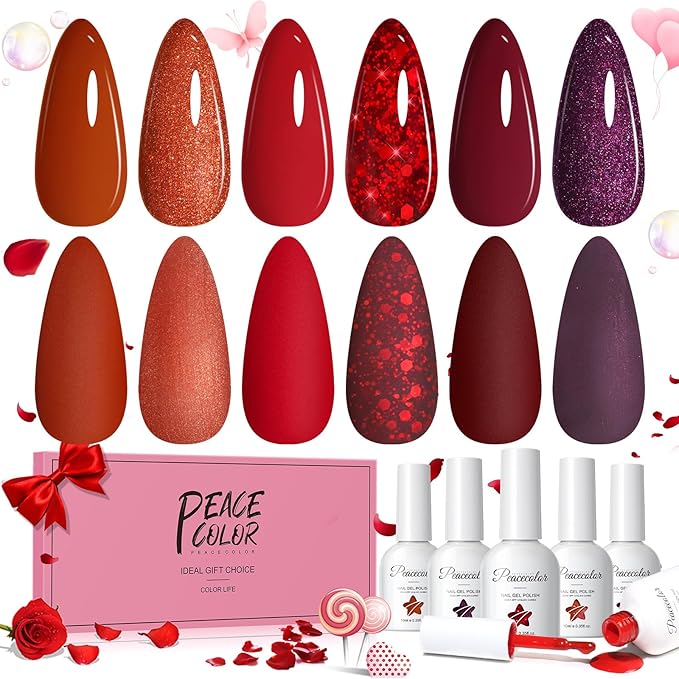 Peacecolor Red Gel Nail Polish Set, 6pcs 10ML Soak Off Gel Polish Dark Red Burgundy Shimmer Glitter Colors Nail Art Starter Kit Gifts for Women