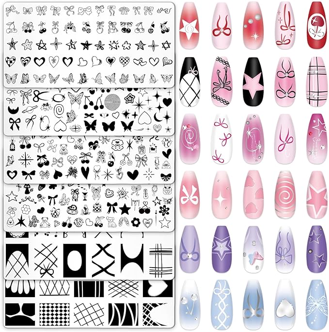 Whaline 6Pcs Coquette Nail Plates Stamping Set Bow Cherry Heart Stamp Templates Nail Art Plates for DIY Print Manicure Salon Design