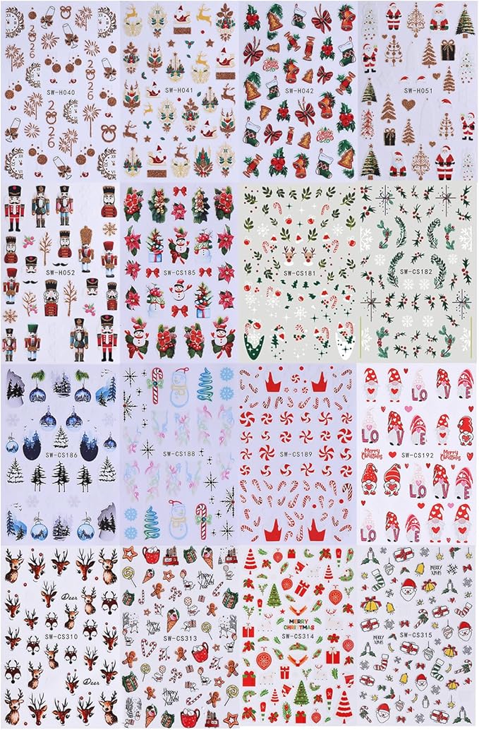 Christmas Nail Art Stickers Decals 16PCS 3D Self-Adhesive New Year Sticker for Nail Art Santa Claus Tree Elk Snowman Gonks Red Designs DIY Xmas Winter Decor Nail Art Supplies for Women Girls