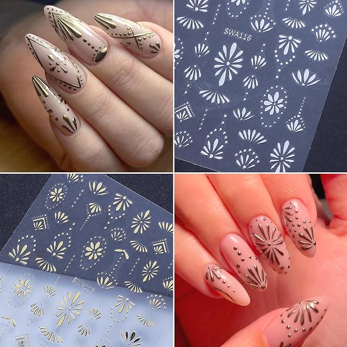 6Sheets Retro Flower Nail Art Stickers 3D Bohemian Style Design Nail Decals Self-Adhesive Gold Silver Petals Line Nail Sticker Boho Blue Floral Nail Decal for Women DIY Manicure Charms Decor Supplies