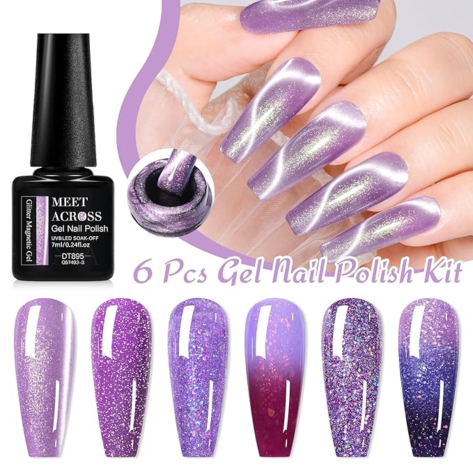 MEET ACROSS Gel Nail Polish Set 6 Pcs Glitter Colors Gel Nail Kit Art Design Soak Off UV LED (SET-12, 6pcs)