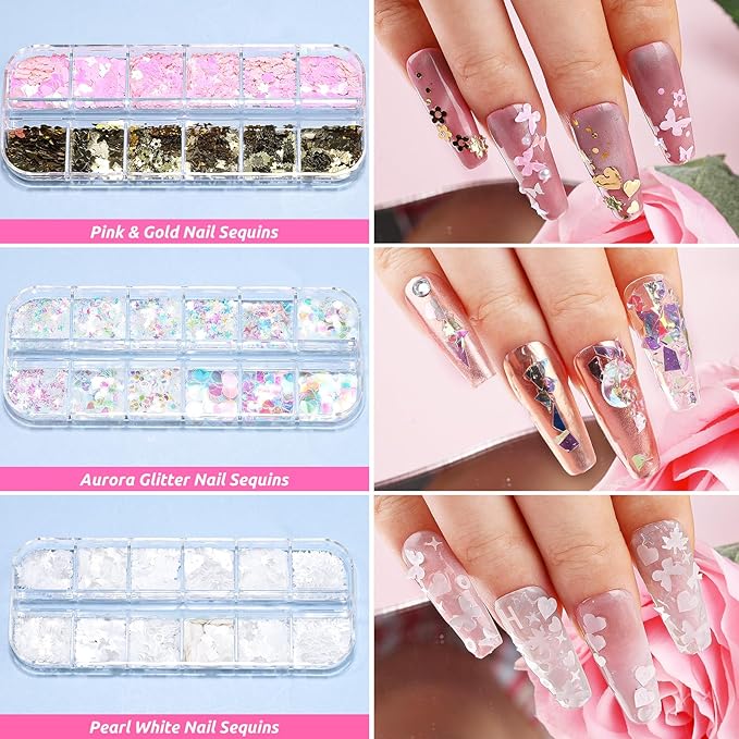 Nail Art Kit for Beginners with Nail Brushes Set and Dotting Tools, Jumbo Holographic Glitter Sequins Mixed Flower Heart Glitter Flake Colorful Striping Tape Fruit Slices with Tweezers (01-Rose)