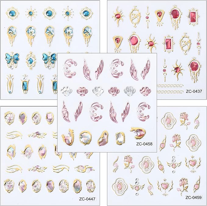 5 Sheets 5D Bronzing Nail Art Stickers Decals,Fishtail Shell Embossed Self-Adhesive Nail Sticker Gemstone Flower Heart Sun Gold Metal Design Nail Art Supplies for Nail DIY Decoration for Women