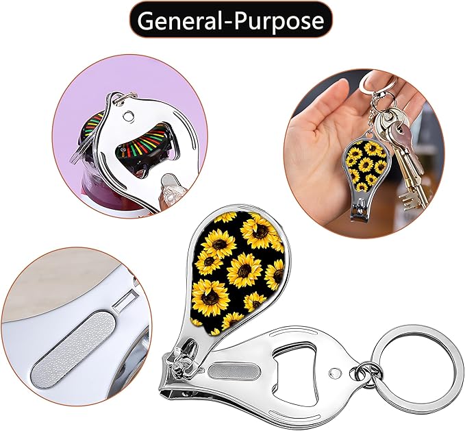 Nail Clipper Set with Keychain 2 Pack Toenail Clippers with Jar Opener Multifunction Nail Cutter for Men-Dorm Room Essentials,Kitchen Gadgets,Golf Accessories,Travel Essentials(Sunflower)