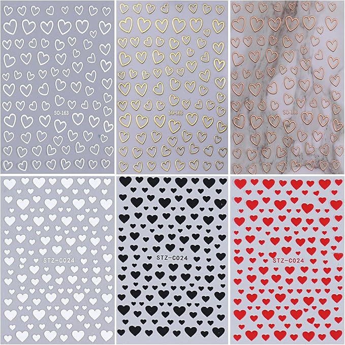6PCS Valentine's Day Heart Nail Stickers - Love Art Supplies, 3D Self-Adhesive Decals, Black Red White Gold Design DIY Manicure Decor for Women