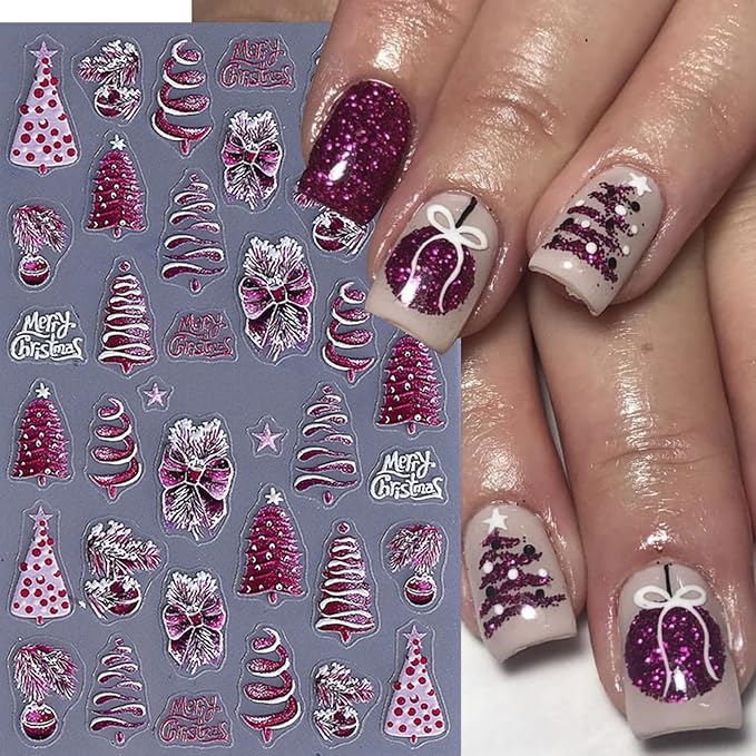 3 Sheets Christmas Nail Art Stickers 5D Micro Embossed Red Bow Holly Leaf Nail Decals Winter Purple Christmas Tree Snowmen Snowflake Design Santa Hat Nail Supplies for Women Holiday Manicure DIY