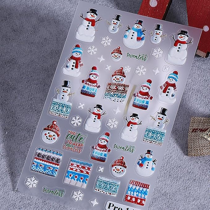 4 Sheets Christmas Nail Art Stickers Snowman Nail Decals with Cartoon Elk Bow Snowflakes Design 3D Self-Adhesive Nail Stickers Acrylic Nail Supplies for Women DIY Christmas Decorations