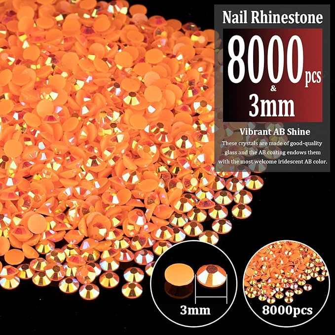 8000pcs 3mm Resin Rhinestones Bulk, Orange AB Flatback Round Jelly Rhinestones Bedazzling Non Hotfix Crystal Gems Large Quantity Wholesale for DIY Crafts Clothes Bottles Tumblers Face Makeup Manicure