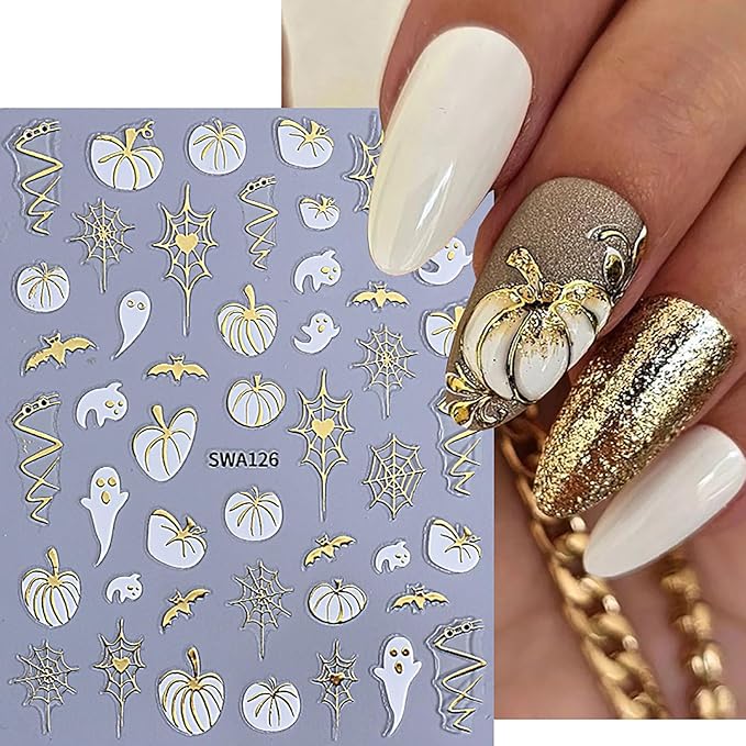 Halloween Nail Stickers Spooky Pumpkins Ghost Nail Decals 8PCS Self-Adhesive Shiny Leaf Pumpkins Bat Spider Web Nail Design Supplies Slider Manicure Accessories Charms Fall Nail Art Stickers for Women