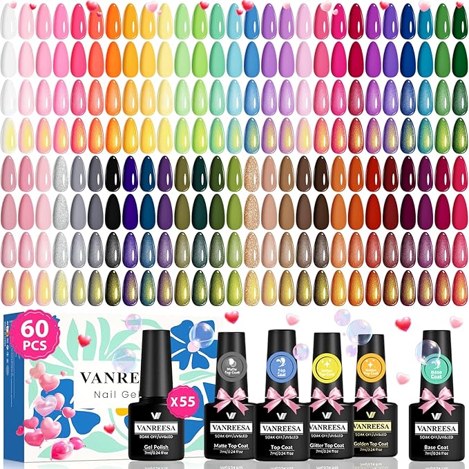 VANREESA 60 Pcs Gel Nail Polish Set 55 Colors Spring Summer Fall Winter Gel Polish with Base Coat Glossy & Matte & Silver & Golden Top Coat Nail Kit Gifts for Women Girls Nail Art Salon at Home