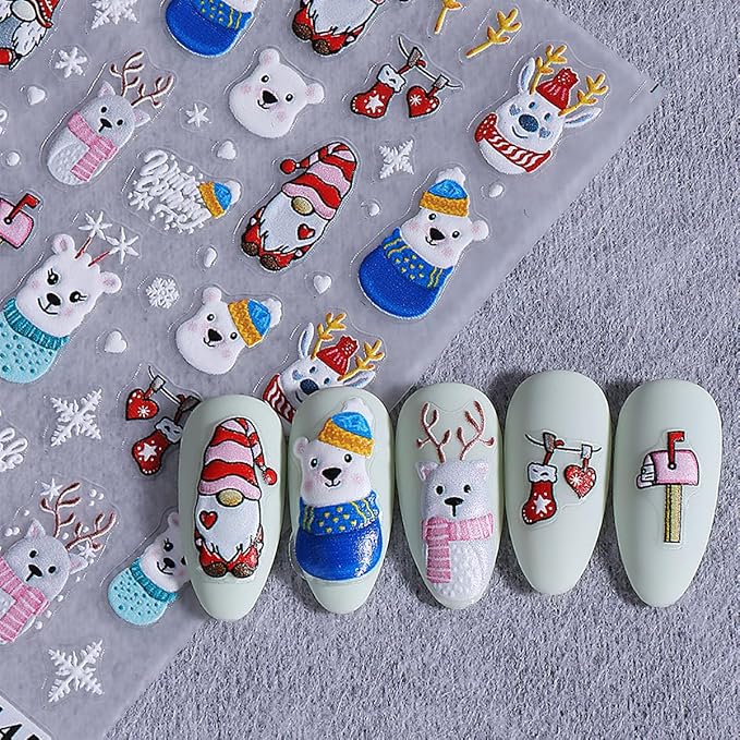 4 Sheets Christmas Nail Art Stickers Snowman Nail Decals with Cartoon Elk Bow Snowflakes Design 3D Self-Adhesive Nail Stickers Acrylic Nail Supplies for Women DIY Christmas Decorations