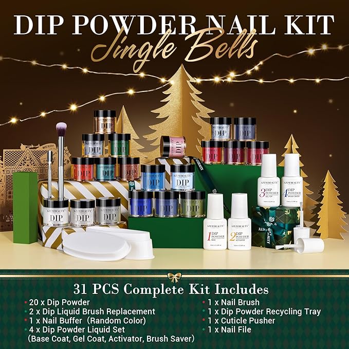 AZUREBEAUTY Dip Powder Nail Kit Starter Christmas Festival Red Green Glitter Blue 31 Pcs 20 Colors Dipping Powder Liquid Set with Top/Base Coat Activator for French Nails Art DIY Salon Gift