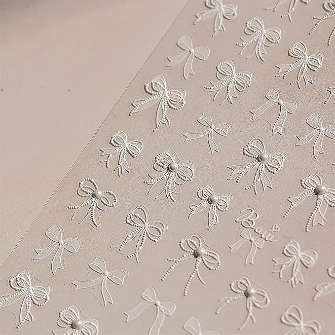 White Lace Bow Nail Art Stickers - 5D Embossed, Self-Adhesive Pearl Design, Cute Decals for Women's Manicure
