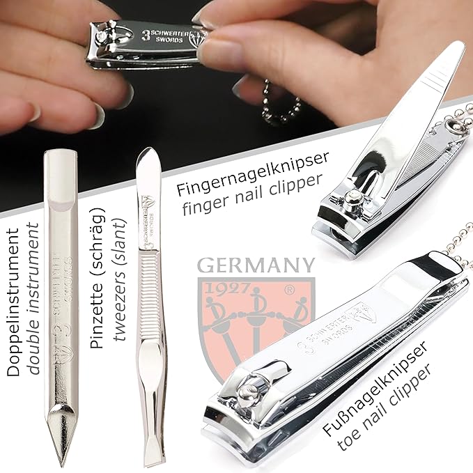 3 Swords Germany - brand quality 6 piece manicure pedicure grooming kit set for professional nail care with genuine leather case - Made in Germany