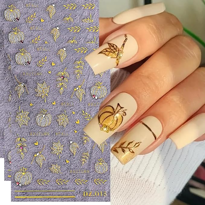 3PCS Fall Nail Art Stickers 5D Embossed Maple Leaf Nail Decals Gold Pumpkins Maple Leaves Glitters Nail Design Stickers Shiny Rhinestones Adhesive Sliders Thanksgiving Day Nail Supplies for Women