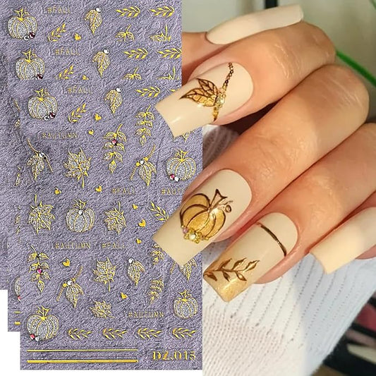 3PCS Fall Nail Art Stickers 5D Embossed Maple Leaf Nail Decals Gold Pumpkins Maple Leaves Glitters Nail Design Stickers Shiny Rhinestones Adhesive Sliders Thanksgiving Day Nail Supplies for Women