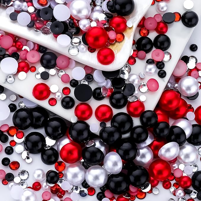 60g Red Black Pearls Rhinestones for Crafts Mixed Size 3mm-10mm AB Color Round Half Pearls Flatback Pearl Beads and Resin Rhinestones Set for Face Art with Gle