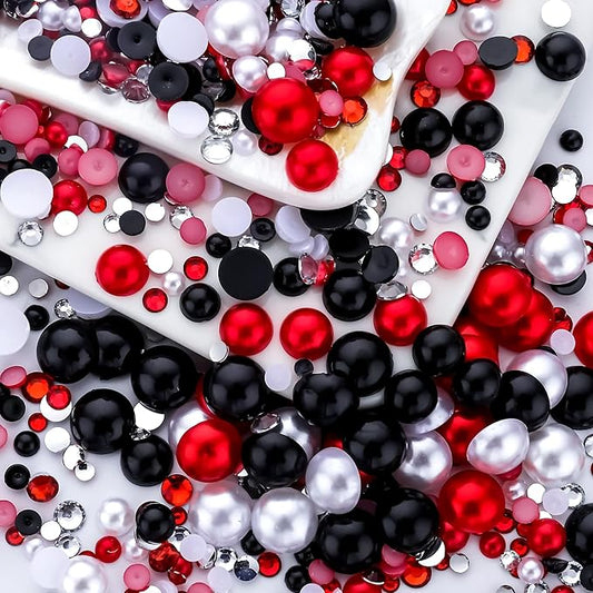 60g Red Black Pearls Rhinestones for Crafts Mixed Size 3mm-10mm AB Color Round Half Pearls Flatback Pearl Beads and Resin Rhinestones Set for Face Art with Gle