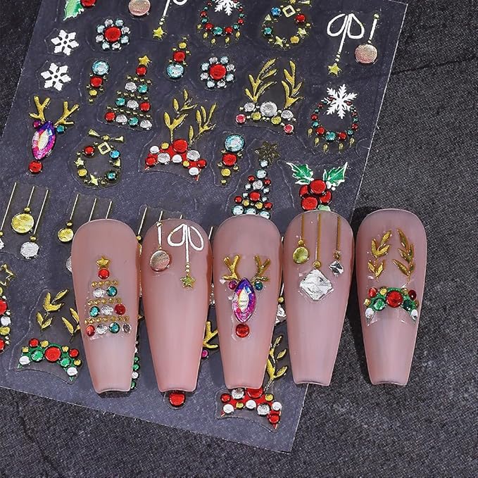 3 Pcs Christmas Nail Art Stickers 5D Embossed Bow Snowball Nail Stickers Xmas Tree Elk Nail Decals Red Gold Bow Snowflake Nails Supplies Winter Holiday Nails Decor for DIY Christmas Party Nail Designs