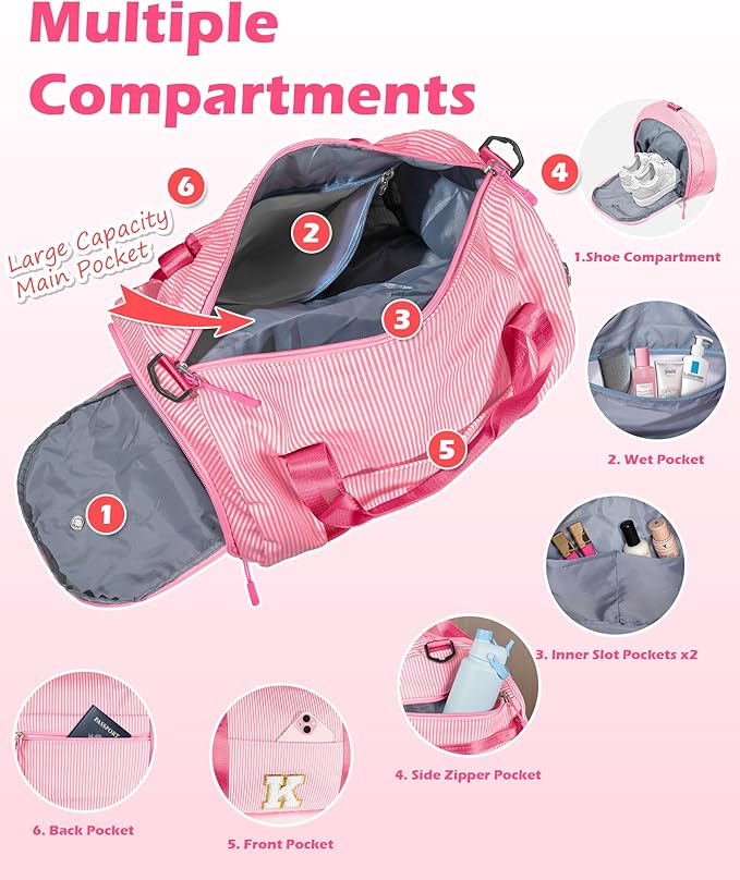 Gifts for Teenage Girls Girls Travel Duffle Bag, Kids Initial Overnight Bags with Shoe Compartment, Personalized Weekend Bag with Makeup Pouch, Cute Stuff for Granddaughter (Letter E)