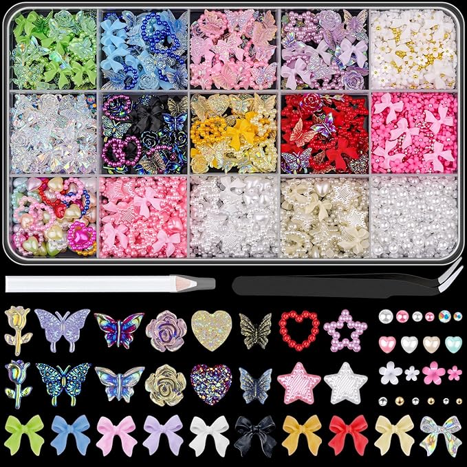 3D Nail Charms and Gems for Nails Design Set 1, Colorful Nail Bows Coquette Jewels + Cute Assorted Heart Star Rose Butterfly Junk Nail Charms + Nail Pearls for Nail Art Decor