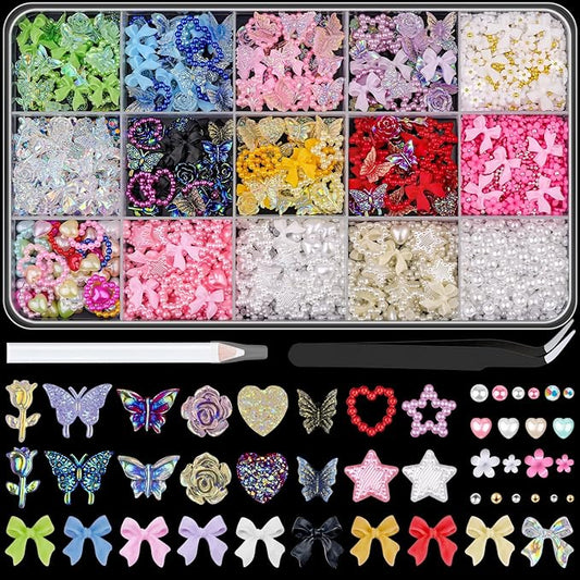 3D Nail Charms and Gems for Nails Design Set 1, Colorful Nail Bows Coquette Jewels + Cute Assorted Heart Star Rose Butterfly Junk Nail Charms + Nail Pearls for Nail Art Decor