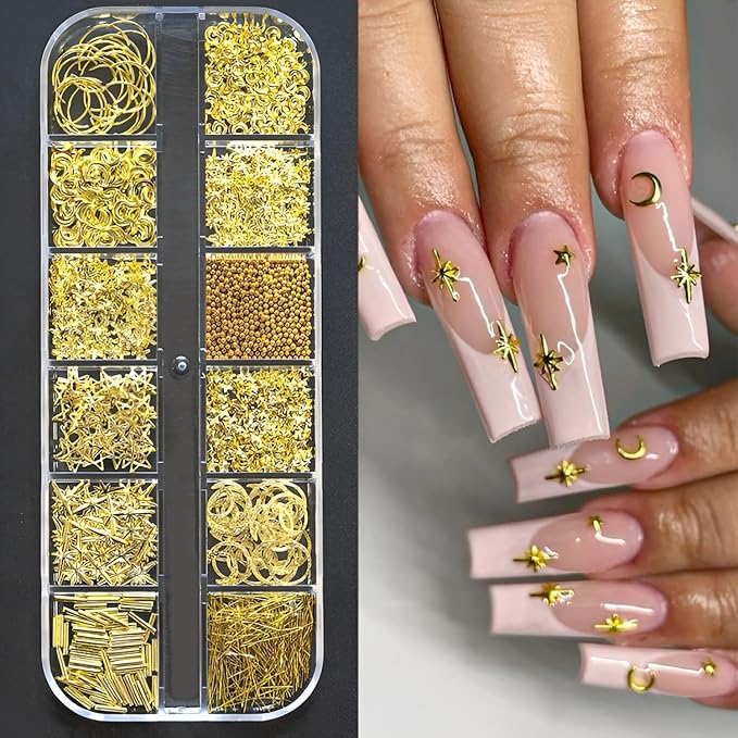 24 Grid Gold Nail Art Charms Moon Star Nail Charms and Gems Gold Nail Rhinestone for Decorations Manicure Supplies Accessories DIY Nail Art Makeup Decoration