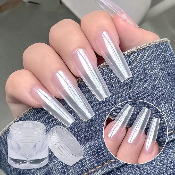 White Pearl Chrome Nail Powder, High Gloss Mirror Effect Pearlescent Iridescent Glitters Powder Mermaid Pigment for Nail Art Decoration