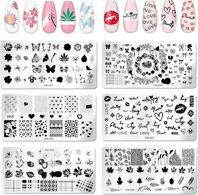 6pcs Nail Art Stamping Plates Set Manicuring Accessories Butterfly Leaves Flowers Fruits Geometry Heart Love Image Template for DIY Tips Decoration