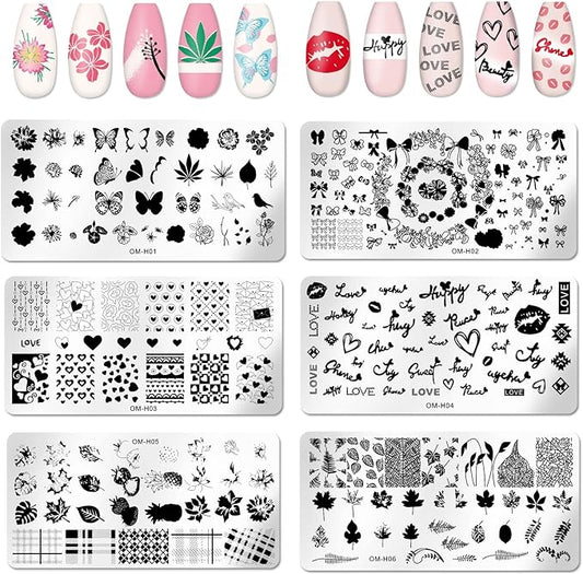 6pcs Nail Art Stamping Plates Set Manicuring Accessories Butterfly Leaves Flowers Fruits Geometry Heart Love Image Template for DIY Tips Decoration